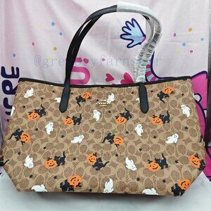 Coach Halloween ghost pumpkin cat print tote bag